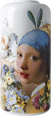 Heinen Delfts Blauw cilindervaas keramiek meisje met de parel 14x31cm delfts blauw